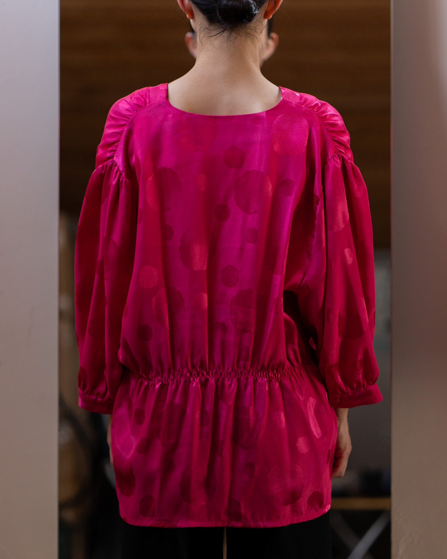 pink gathered blouse