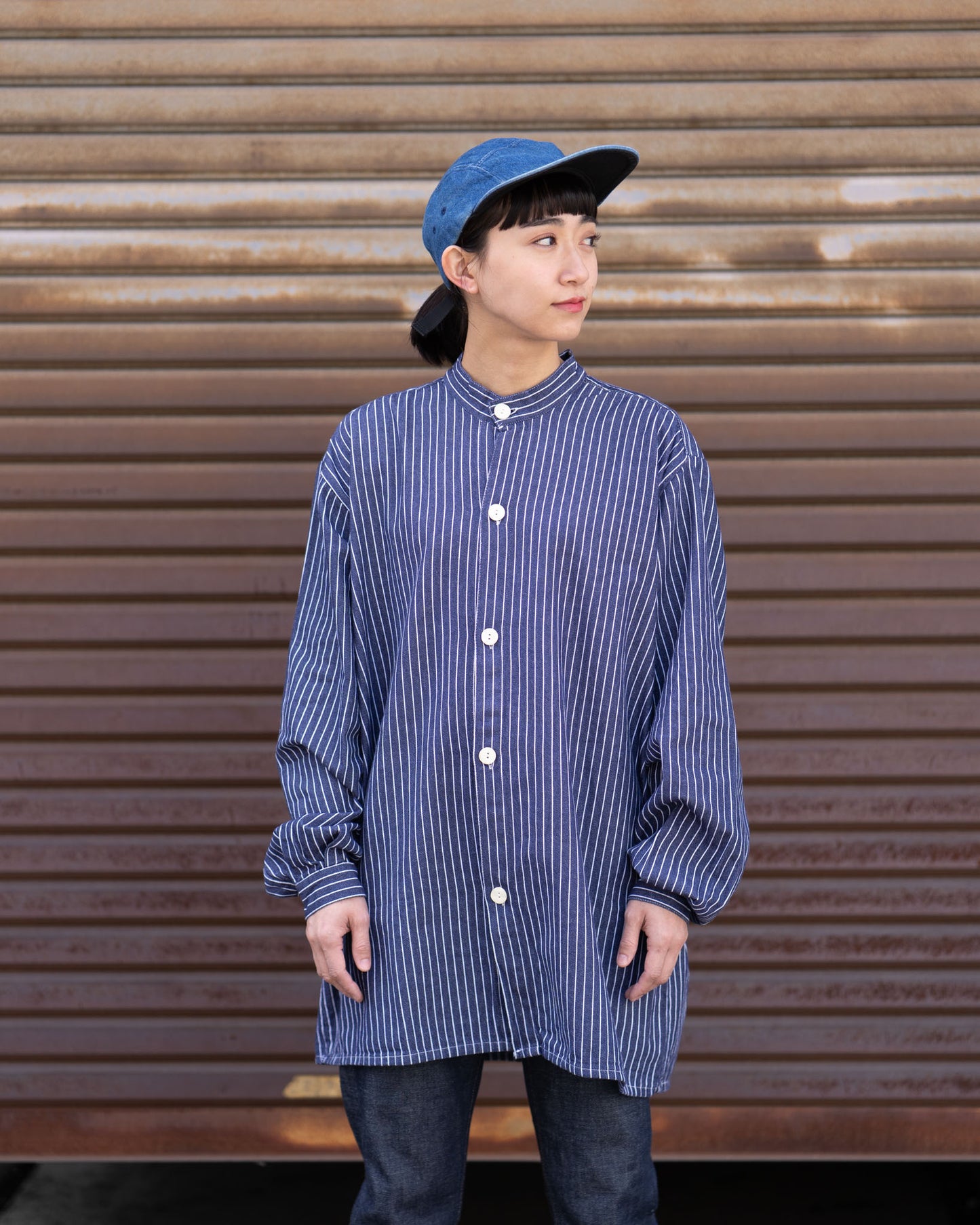 hickory stripe no collar shirt