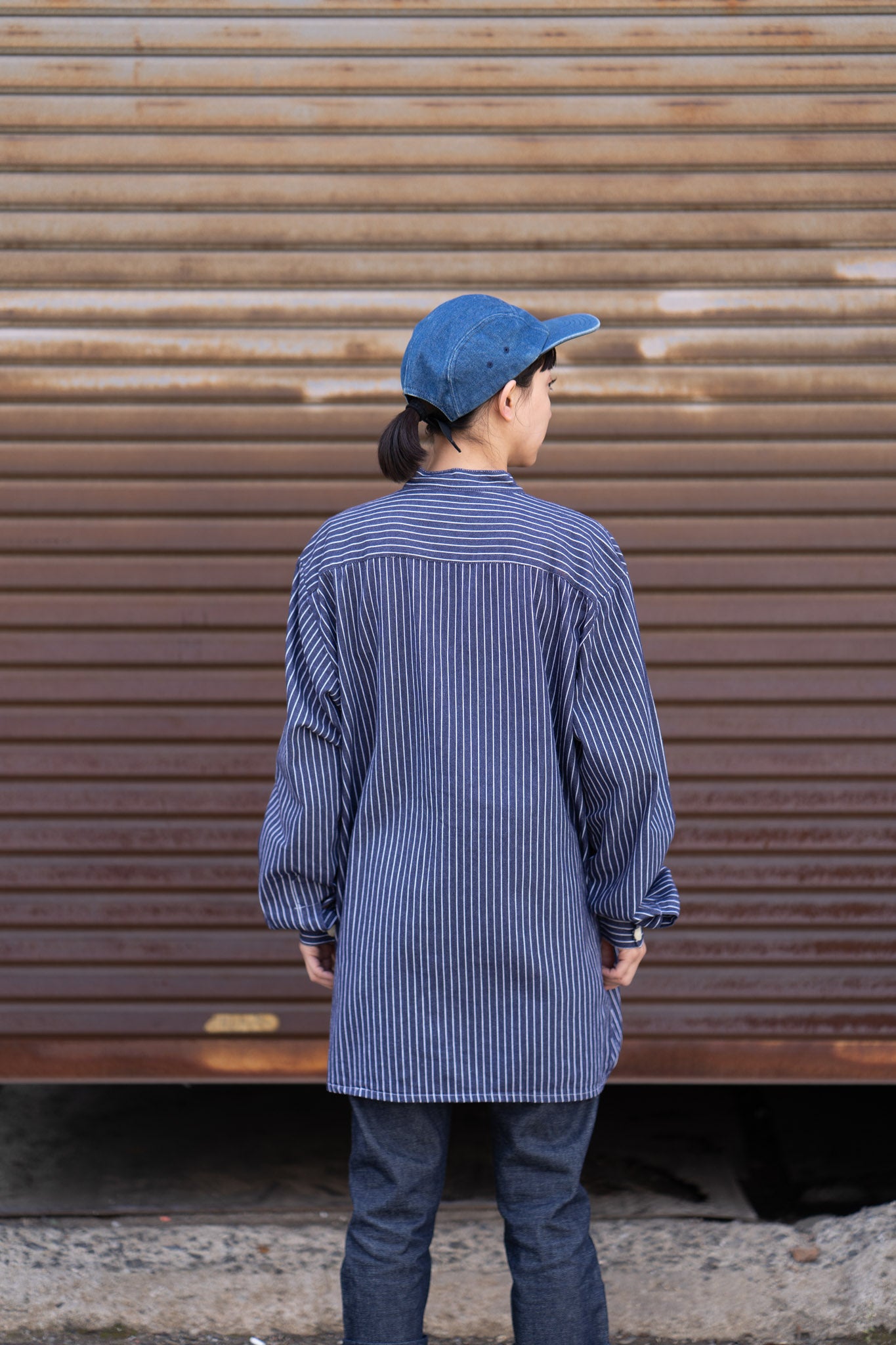 hickory stripe no collar shirt